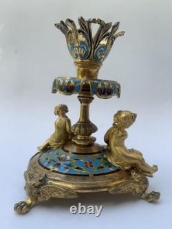 Alphonse Giroux Paris Bougeoir Vase Cornet Bronze Dore Email Cloisonne 1860