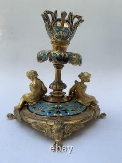 Alphonse Giroux Paris Bougeoir Vase Cornet Bronze Dore Email Cloisonne 1860