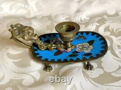 Ancien Bougeoir En Émaux Cloisonnés En Bronze Napoléon III XIX eme 13cm De Long