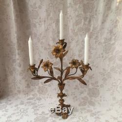 Ancien CHANDELIER EGLISE/CHAPELLE Bronze 3 Bras 19th Flowers Church Candlestick
