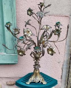 Ancien Chandelier D'église 5 Branches En Bronze Xixe