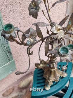 Ancien Chandelier D'église 5 Branches En Bronze Xixe