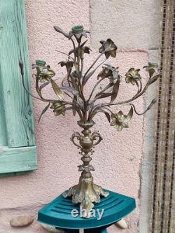 Ancien Chandelier D'église 5 Branches En Bronze Xixe