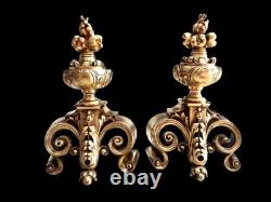 Ancien Chenet De Cheminée En Bronze Doré Rocaille Style Louis XV