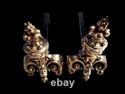 Ancien Chenet De Cheminée En Bronze Doré Rocaille Style Louis XV