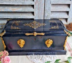 Ancien Coffre A Bijoux Bois Napoleon III Decor Nacre Bronze Dore
