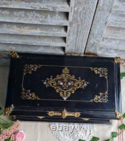 Ancien Coffre A Bijoux Bois Napoleon III Decor Nacre Bronze Dore