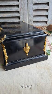 Ancien Coffre A Bijoux Bois Napoleon III Decor Nacre Bronze Dore