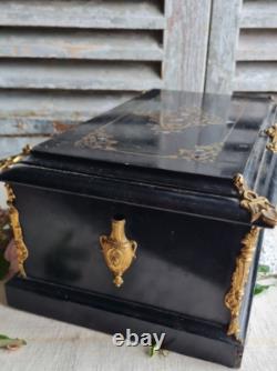 Ancien Coffre A Bijoux Bois Napoleon III Decor Nacre Bronze Dore