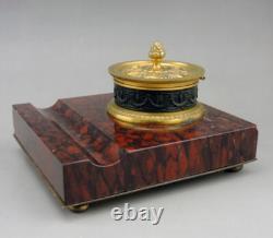 Ancien Encrier De Bureau En Bronze Doré Et Marbre époque Napoléon III