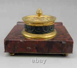 Ancien Encrier De Bureau En Bronze Doré Et Marbre époque Napoléon III
