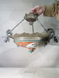 Ancien Lustre En Bronze Et Porcelaine Extreme Orient Personnages Napoleon III