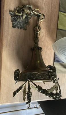 Ancien Rare Suspension lustre Bronze Tête Belier Verre Obus Ciselé napoleon III