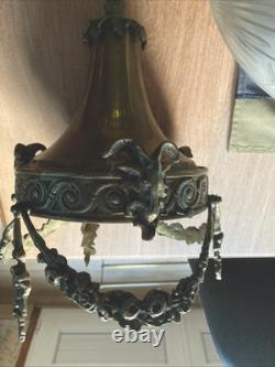 Ancien Rare Suspension lustre Bronze Tête Belier Verre Obus Ciselé napoleon III