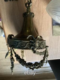 Ancien Rare Suspension lustre Bronze Tête Belier Verre Obus Ciselé napoleon III