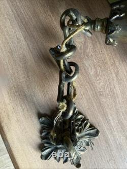 Ancien Rare Suspension lustre Bronze Tête Belier Verre Obus Ciselé napoleon III