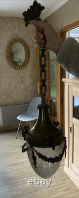 Ancien Rare Suspension lustre Bronze Tête Belier Verre Obus Ciselé napoleon III