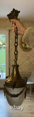 Ancien Rare Suspension lustre Bronze Tête Belier Verre Obus Ciselé napoleon III
