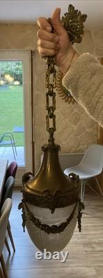 Ancien Rare Suspension lustre Bronze Tête Belier Verre Obus Ciselé napoleon III