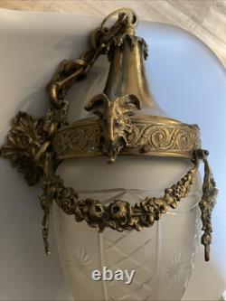 Ancien Rare Suspension lustre Bronze Tête Belier Verre Obus Ciselé napoleon III