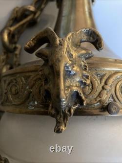 Ancien Rare Suspension lustre Bronze Tête Belier Verre Obus Ciselé napoleon III