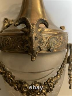 Ancien Rare Suspension lustre Bronze Tête Belier Verre Obus Ciselé napoleon III