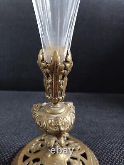 Ancien Vase Cornet Soliflore En Cristal Et Bronze