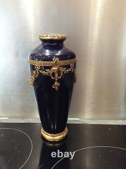 Ancien Vase, Napoléon Iii, Bronze Doré, Xixeme, Bleu De Sevre, Louis XVI