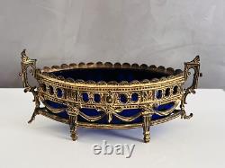 Ancien Vide Poche En Bronze Doré Et Verrerie Bleu NAPOLÉON III