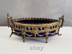 Ancien Vide Poche En Bronze Doré Et Verrerie Bleu NAPOLÉON III