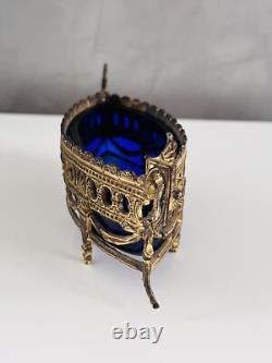 Ancien Vide Poche En Bronze Doré Et Verrerie Bleu NAPOLÉON III