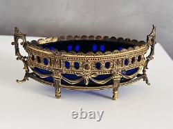 Ancien Vide Poche En Bronze Doré Et Verrerie Bleu NAPOLÉON III