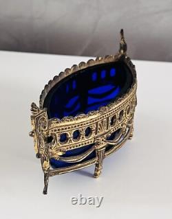 Ancien Vide Poche En Bronze Doré Et Verrerie Bleu NAPOLÉON III