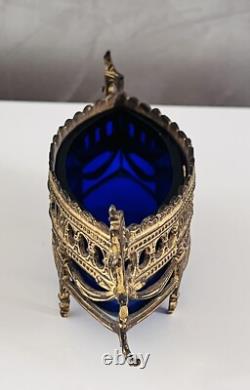 Ancien Vide Poche En Bronze Doré Et Verrerie Bleu NAPOLÉON III