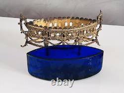 Ancien Vide Poche En Bronze Doré Et Verrerie Bleu NAPOLÉON III