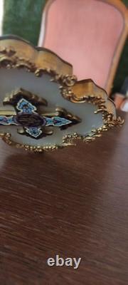 Ancien bénitier Napoléon III émaux champlevés bronze doré onyx croix IHS XIXe