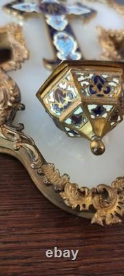 Ancien bénitier Napoléon III émaux champlevés bronze doré onyx croix IHS XIXe