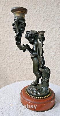 Ancien bougeoir bronze putti faune XIXe attr. Henri DASSON (1825-1896) 25 cm