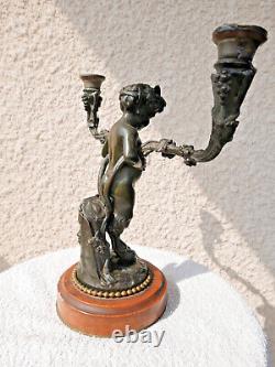 Ancien bougeoir bronze putti faune XIXe attr. Henri DASSON (1825-1896) 25 cm