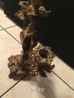 Ancien bougeoir chandelier à trois fleurs en Marqueterie Boulle bronze doré XIX