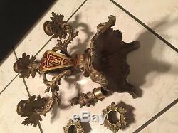 Ancien bougeoir chandelier à trois fleurs en Marqueterie Boulle bronze doré XIX