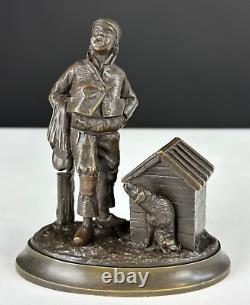 Ancien bronze encrier Crieur de rue au chien XIXème Paris vieux métier populaire