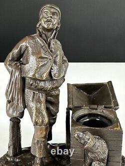 Ancien bronze encrier Crieur de rue au chien XIXème Paris vieux métier populaire