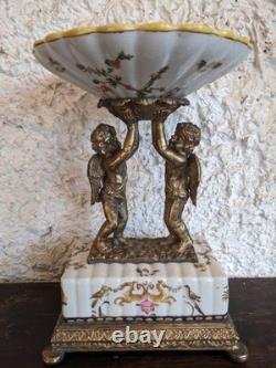 Ancien centre de table porcelaine faïence bronze doré angelots anges XIXe déco