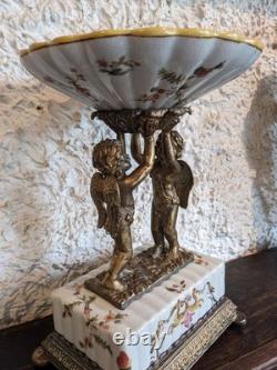 Ancien centre de table porcelaine faïence bronze doré angelots anges XIXe déco