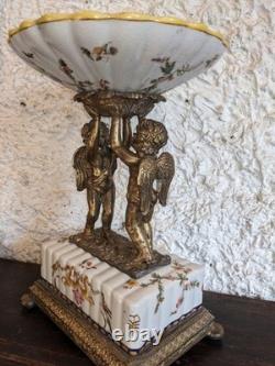 Ancien centre de table porcelaine faïence bronze doré angelots anges XIXe déco