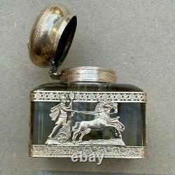 Ancien encrier plumier en cristal et bronze (cheveaux) Empire ou Napoléon III
