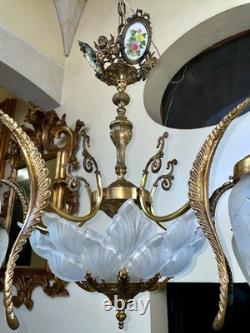 Ancien lustre Napoléon III en bronze avec hippocampes