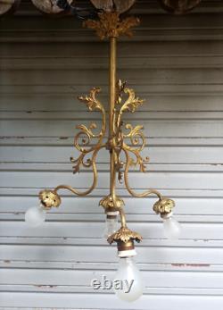 Ancien lustre XIXe S. 4 feux en bronze doré Napoléon III état de marche