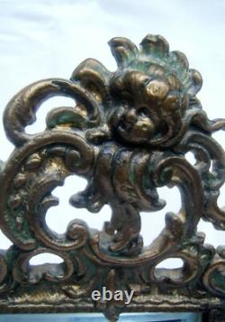 Ancien miroir bronze a poser fin XIX Napoleon III glace biseauté téte d enfant